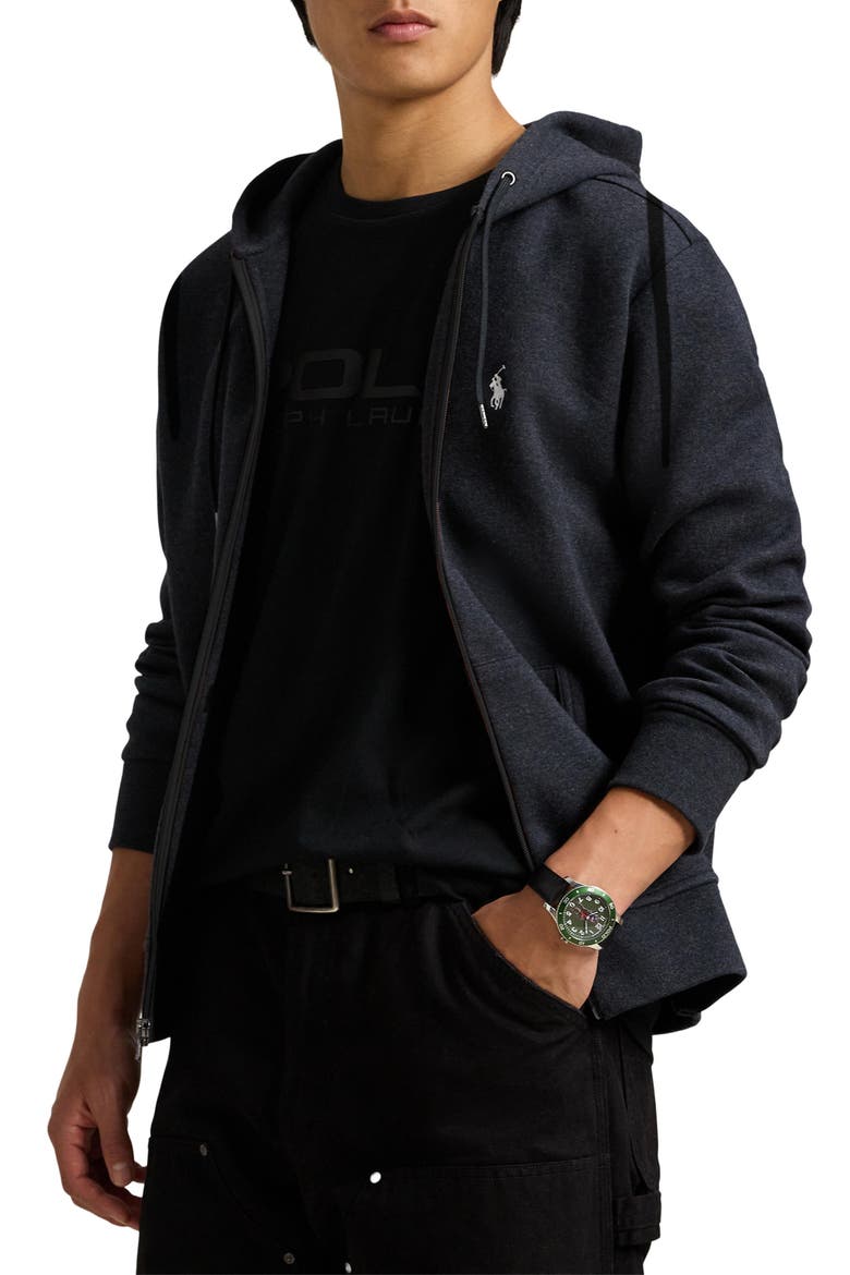 Double Knit Cotton Blend Zip Hoodie, Main, color, BLACK MARL HEATHER