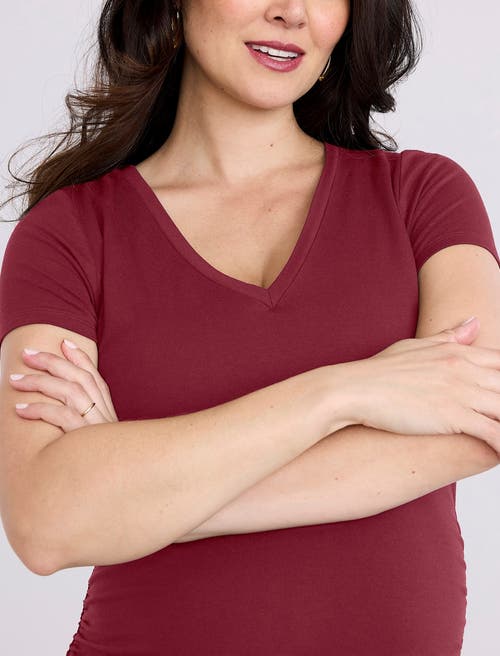 Motherhood Maternity V-neck Side-ruched Maternity Short Sleeve Tee In Burgundy
