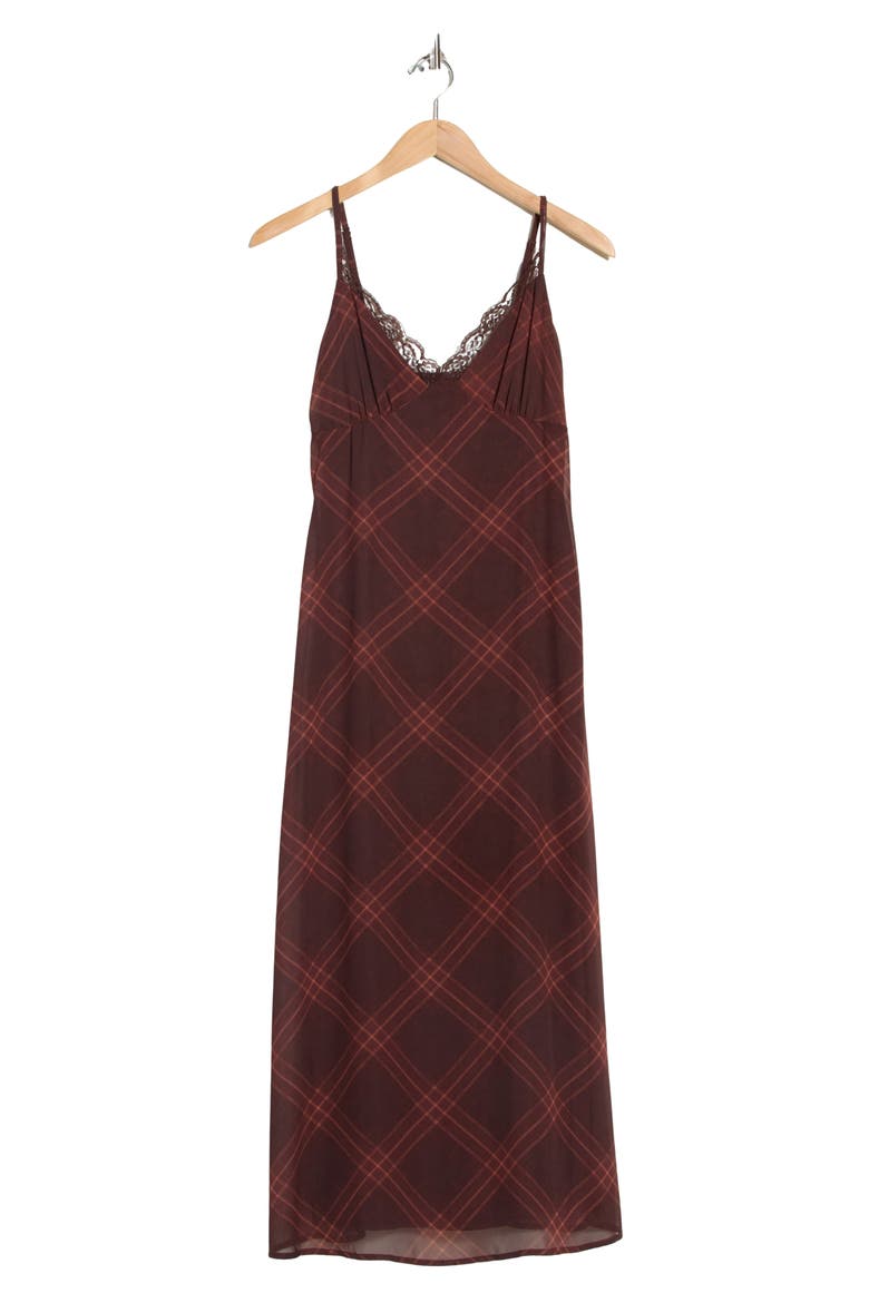 Lace Trim Plaid Midi Dress, Alternate, color, BROWN RUST