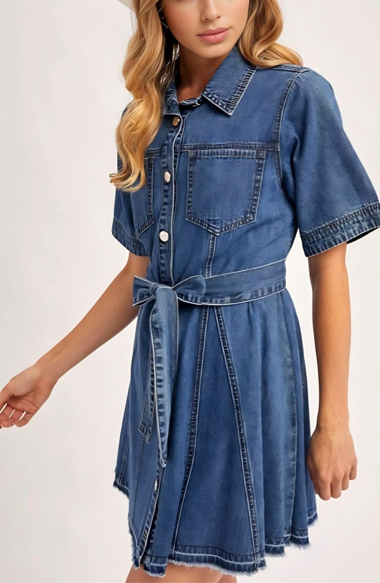 Knit and Lounge Short Sleeve Belted Denim Shirt Dress, Alternate, color, Denim Blue