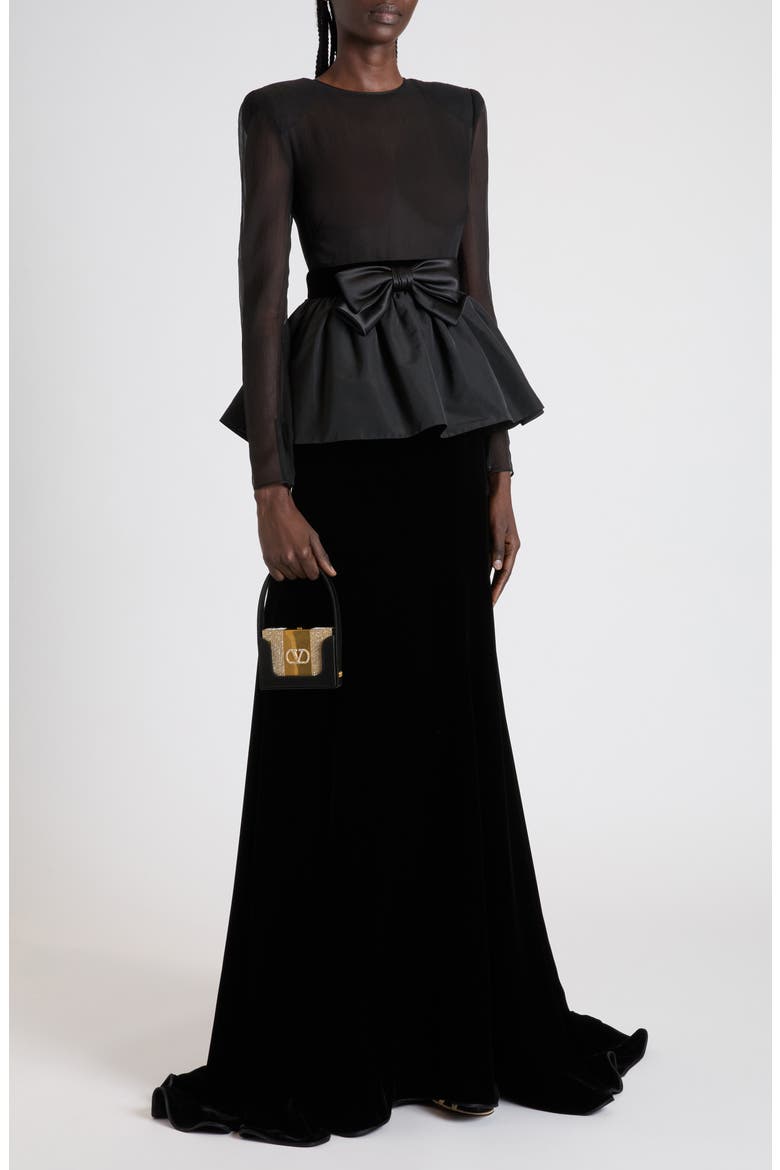 Bow Detail Long Sleeve Chiffon, Faille & Sablé Velvet Gown, Alternate, color, BLACK