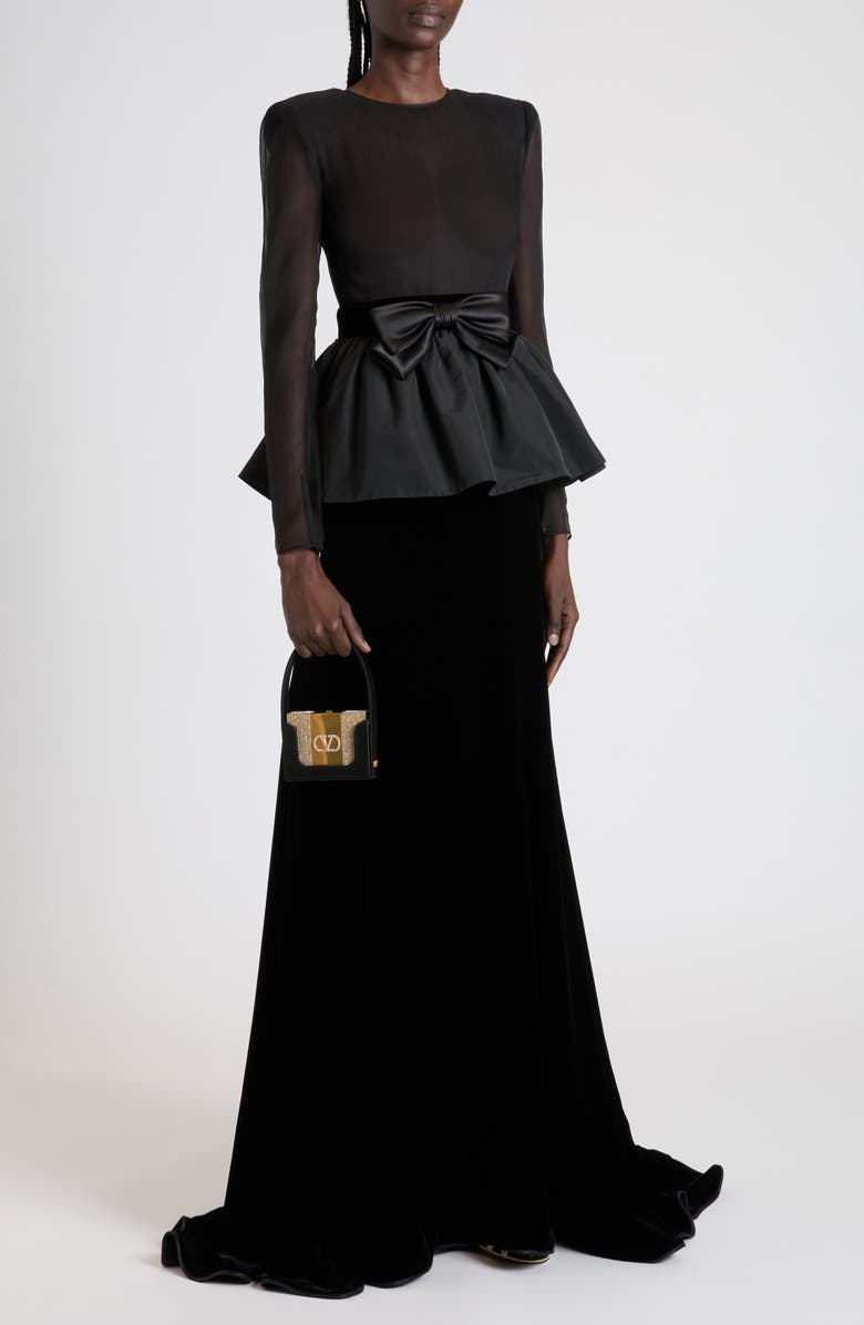 Valentino Bow Detail Long Sleeve Chiffon, Faille & Sablé Velvet Gown, Alternate, color, Black