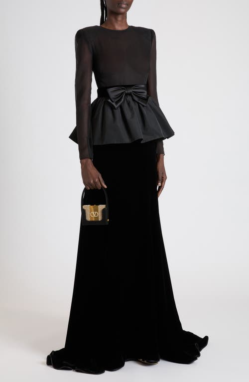 Valentino Bow Detail Long Sleeve Chiffon, Faille & Sablé Velvet Gown In Black