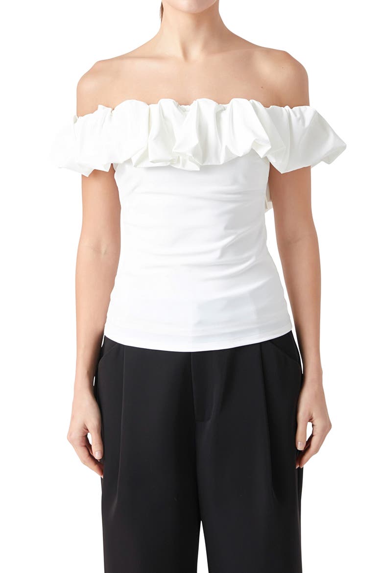 Off the Shoulder Bubble Top, Alternate, color, WHITE