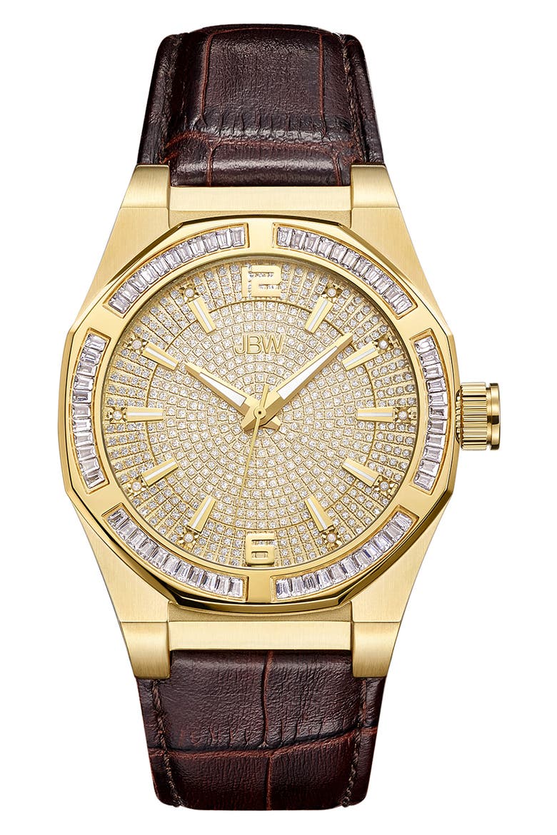 Men's Apollo Diamond Embossed Leather Watch, 44mm - 0.10 ctw, Main, color, GOLD