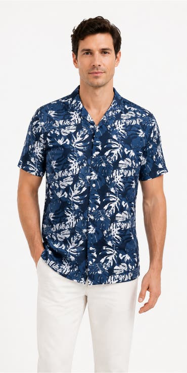 Tropical Print Button-Down Hawaiian Camp Shirt