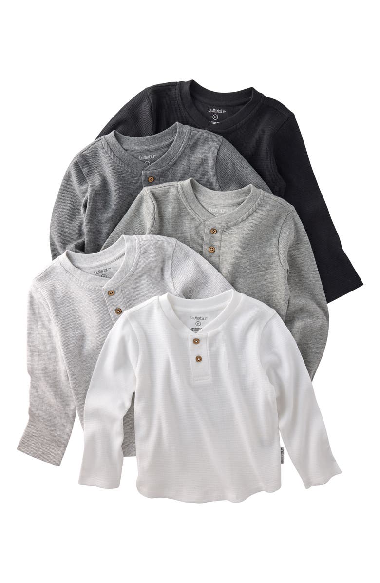 BUTTERBLU Payton Assorted 5-Pack Long Sleeve Organic Cotton Waffle Henley T-Shirts, Main, color, Stone