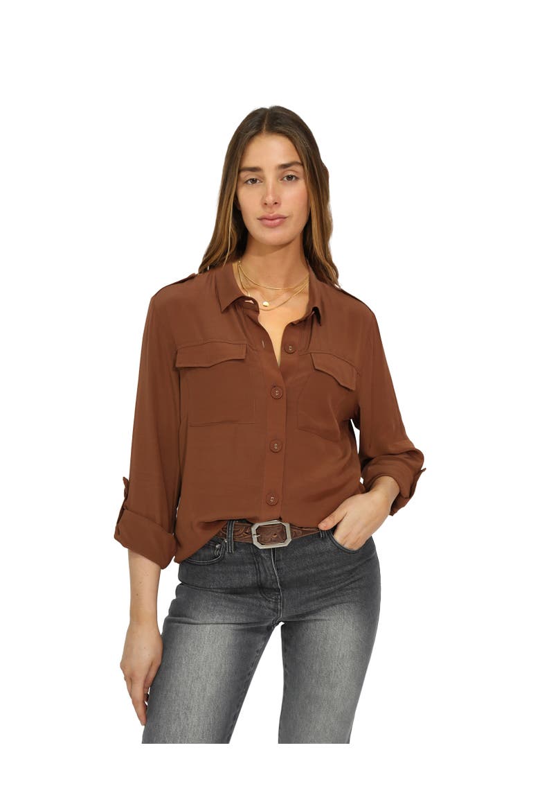 Eclipse Rolled Sleeve Blouse, Main, color, Dark Brown