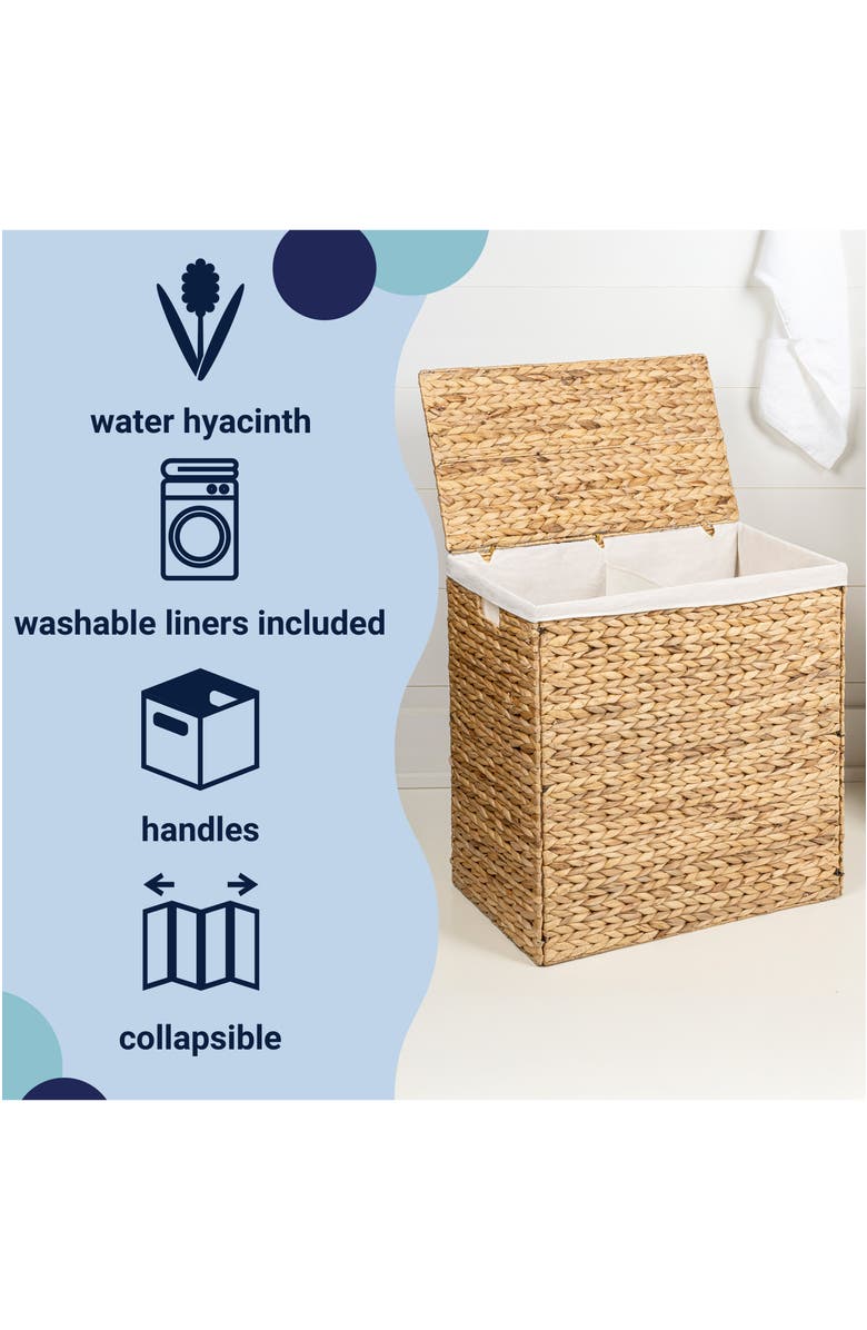 HAPPIMESS Sawyer Classic Farmhouse Handwoven Hyacinth 2-Section Collapsible Laundry Hamper with Washable Liner, Handles, and Lid, Alternate, color, Natural