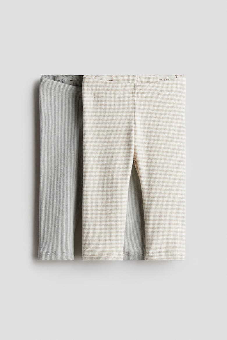 2-pack Ribbed Cotton Leggings, Main, color, Light gray/beige striped