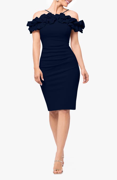 Ruffle Off the Shoulder Scuba Crepe Sheath Dress