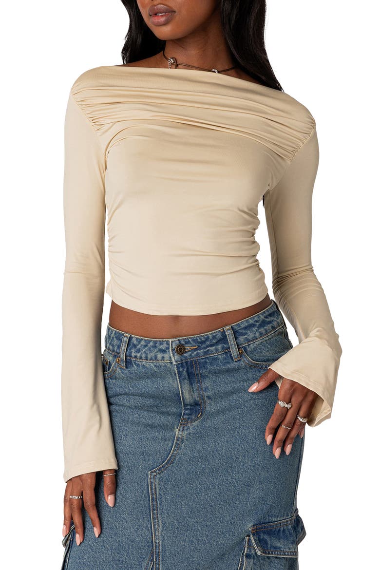 Dana Gathered Bateau Neck Long Sleeve Crop Top, Main, color, CREAM
