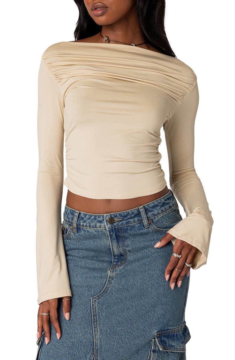 EDIKTED Dana Gathered Bateau Neck Long Sleeve Crop Top, Main, color, Cream