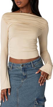 EDIKTED Dana Gathered Bateau Neck Long Sleeve Crop Top