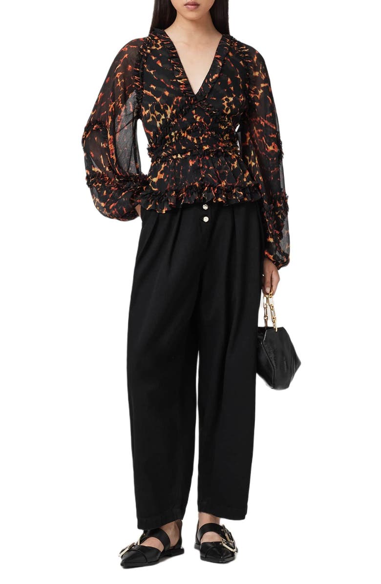 AllSaints Silvie Print Ruffle Top, Alternate, color, Pardus Flame Brown
