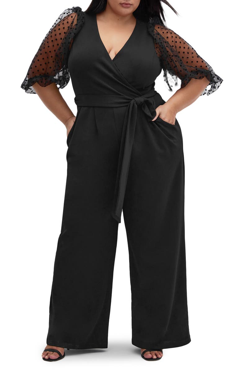 City Chic Asher Dotted Tulle Puff Sleeve Belted Jumpsuit, Main, color, 