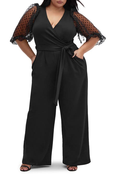 Asher Dotted Tulle Puff Sleeve Belted Jumpsuit (Plus)