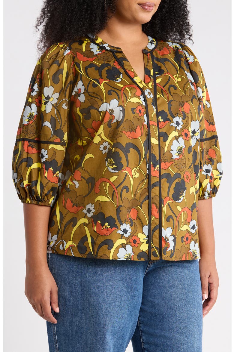 Floral Print Split Neck Cotton Top, Alternate, color, BROWN MULTI