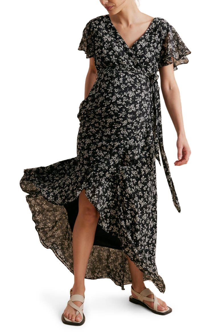 Floral Faux Wrap Maternity Dress, Main, color, BLACK/ WHITE FLORAL