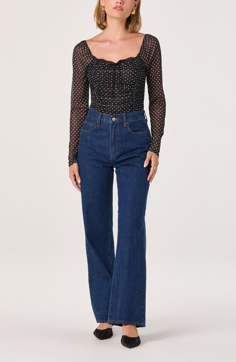 ASTR the Label Lace Trim Long Sleeve Ruched Mesh Top, Alternate, color, Black Dot