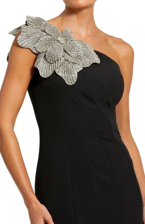Mac Duggal Crepe One Shoulder Gown With Crystal Flower In Black In Black