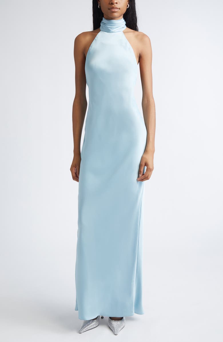 Ramy Brook Tatiana Halter Neck Satin Gown, Main, color, Moonstone Blue