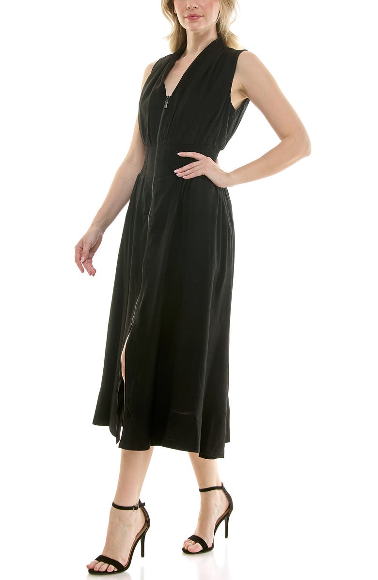 Nicole Miller Smocked Waist Zip Front Midi Dress, Alternate, color, Very Black