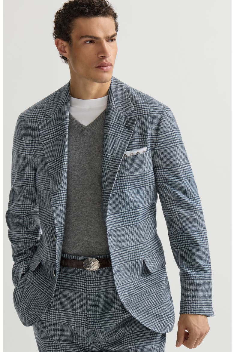 Comfort wool and cashmere Prince of Wales flannel deconstructed blazer with metal buttons, Alternate, color, Cerulean