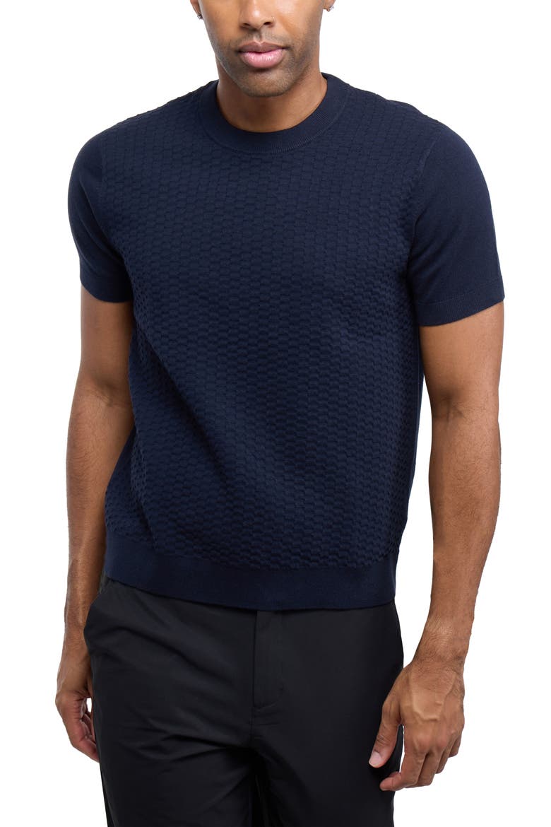 Check Short Sleeve Sweater, Alternate, color, NAVY
