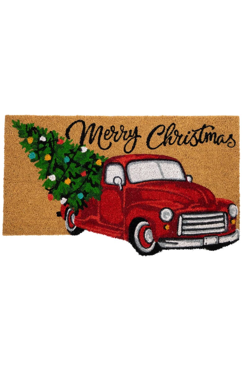 Northlight Red and Green Vintage Truck "Merry Christmas" Outdoor Natural Coir Doormat 18" x 30", Main, color, Red