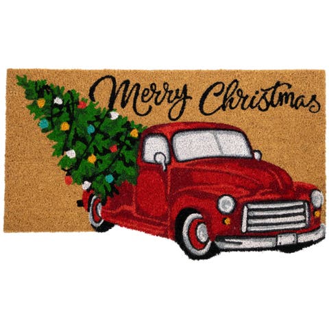 Red and Green Vintage Truck "Merry Christmas" Outdoor Natural Coir Doormat 18" x 30"