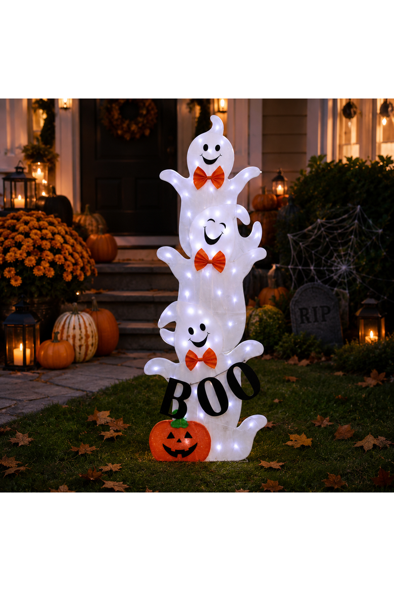 3.6 Ft Stacking Ghosts in Bow Ties Halloween Decoration, Modern, Ground Freestanding, Outdoor, Polyester, Cool White, Battery Operated, Prelit with 60 LED Bulbs, Alternate, color, White