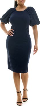 Nina Leonard Pleated Puff Sleeve Glitter Sheath Dress