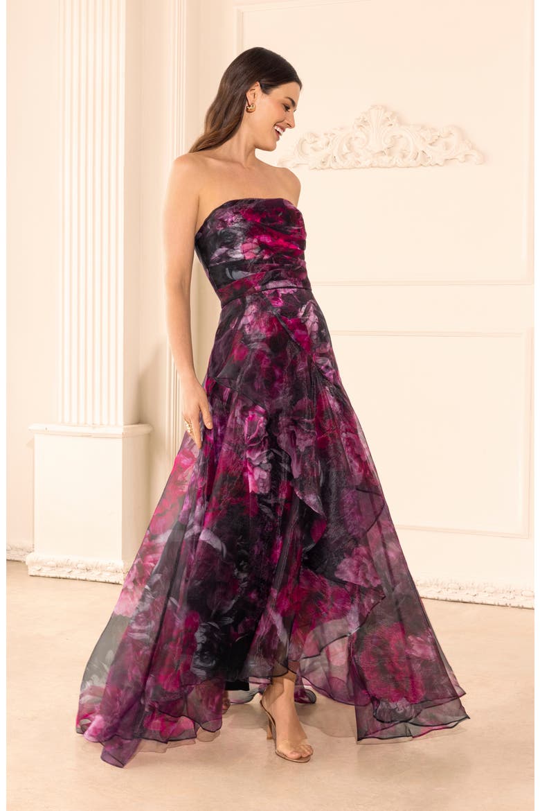 Floral Print Strapless Gown, Alternate, color, WINE/ BLACK