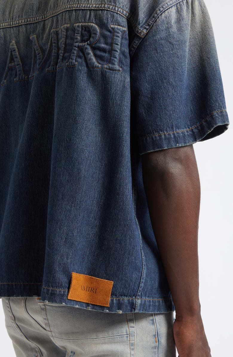 AMIRI 3D Logo Short Sleeve Snap-Up Denim Shirt, Alternate, color, Sandstone