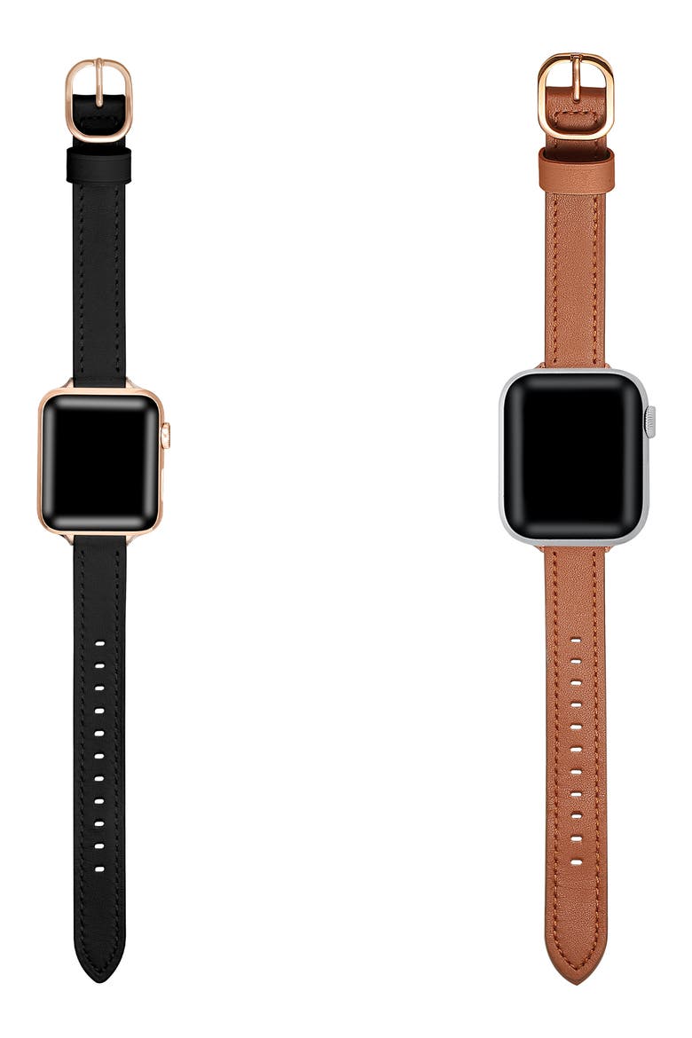 Set of 2 Faux Leather Watchbands, Alternate, color, BLACK