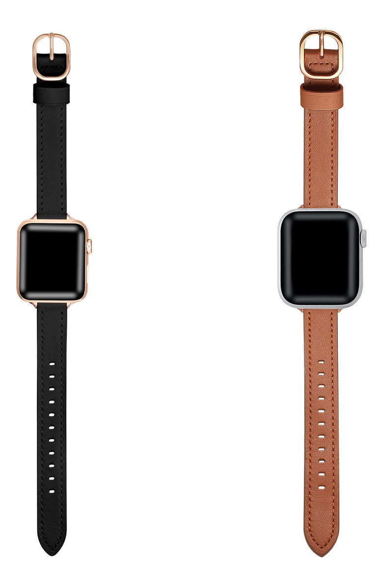 Posh Tech Set of 2 Faux Leather Watchbands, Alternate, color, Black