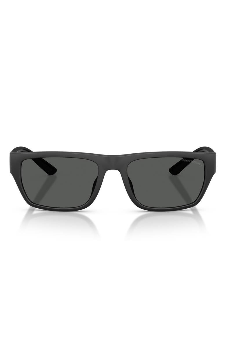 Emporio Armani 57mm Rectangle Sunglasses, Main, color, Rubberized Matte Black / Grey