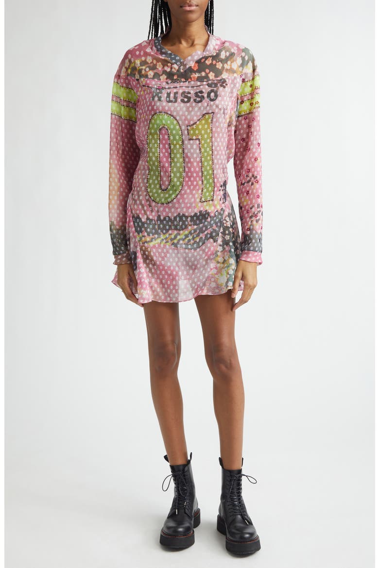 x Petros Studio Print Long Sleeve Chiffon Minidress, Main, color, PINK