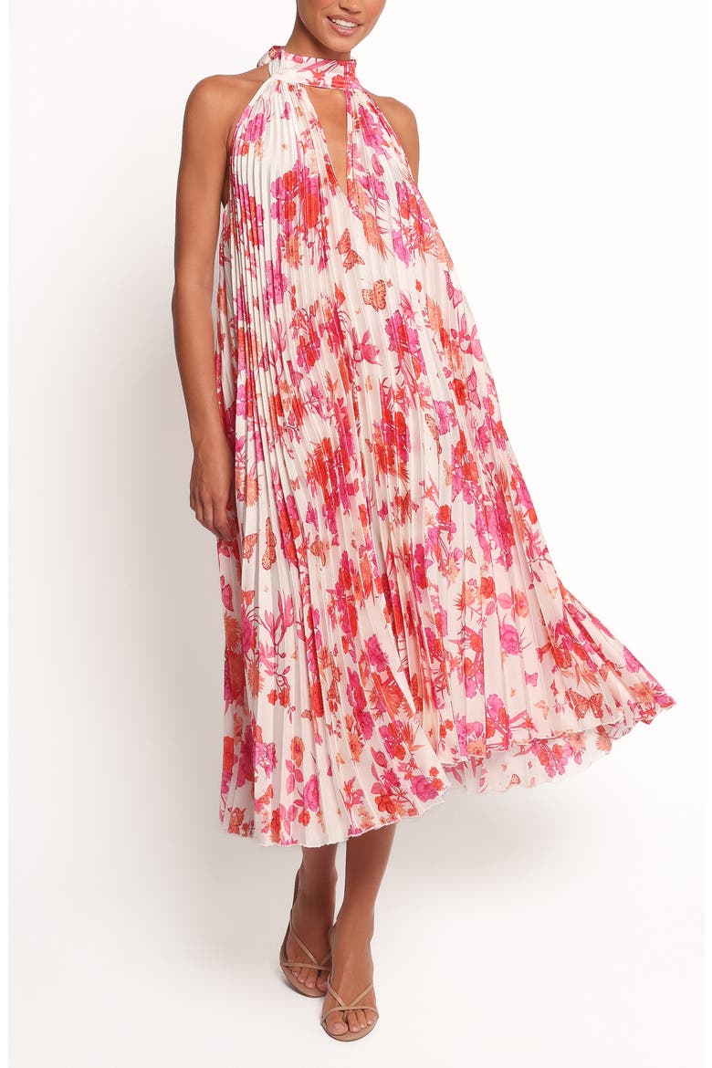 Sirmione Floral Pleated Halter Midi Dress, Main, color, PINK FLORAL