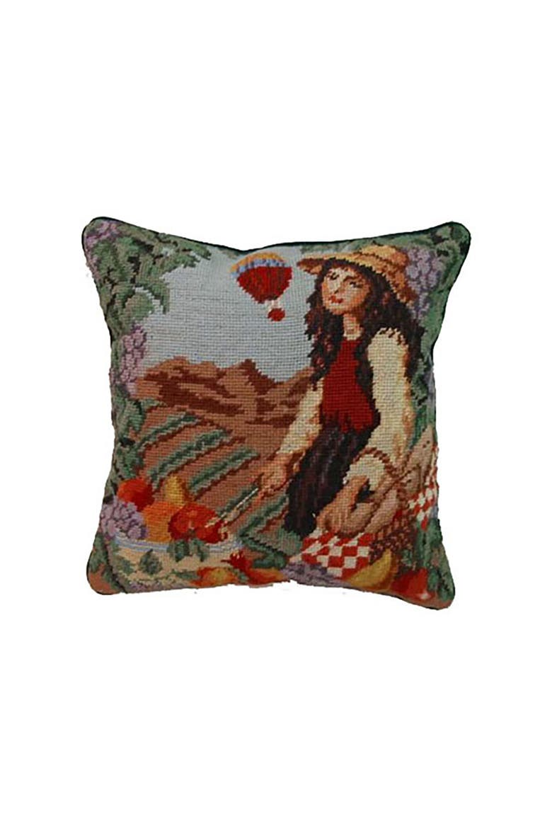 French Harvest Girl Needlepoint Wool Blend Decorative Accent Pillow, Main, color, Blue