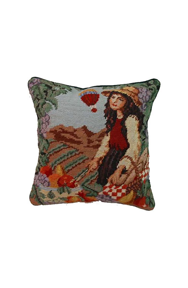 C&F Home French Harvest Girl Needlepoint Wool Blend Decorative Accent Pillow, Main, color, Blue