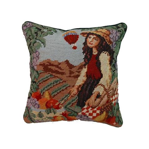 French Harvest Girl Needlepoint Wool Blend Decorative Accent Pillow