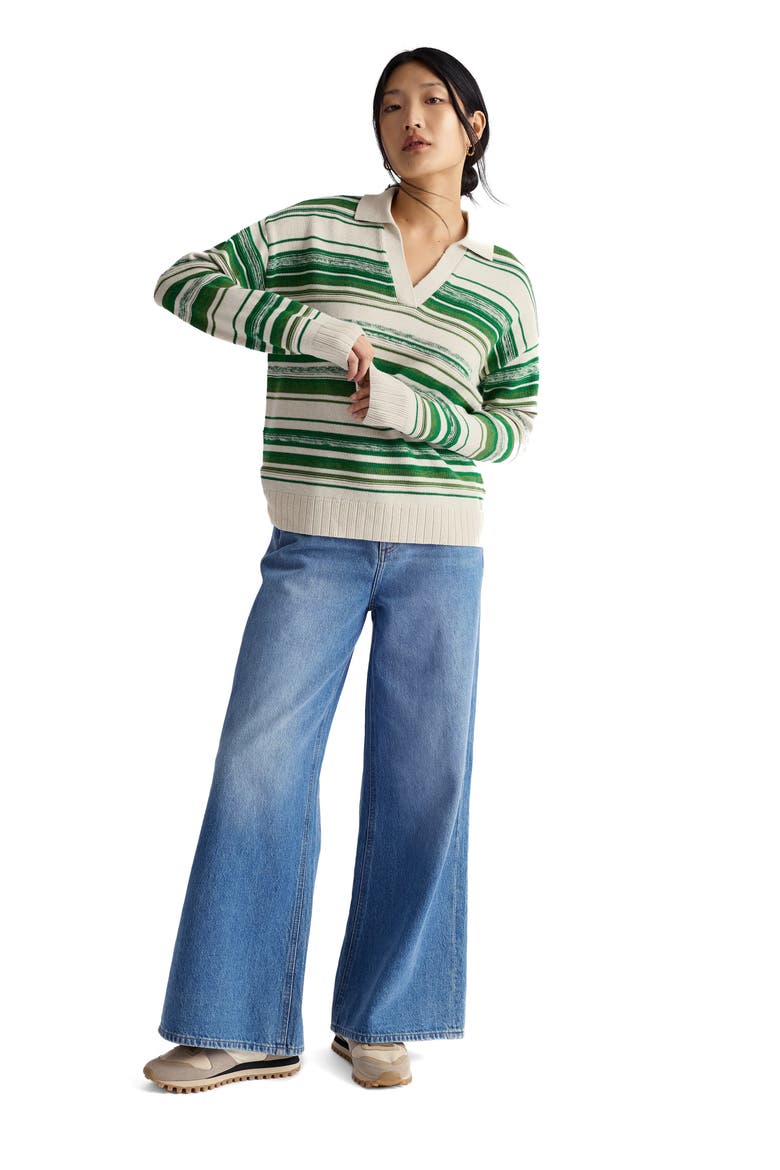Bird Flight Stripe Organic Cotton Johnny Collar Sweater, Alternate, color, CORULA CHALK BRIGHT GREEN