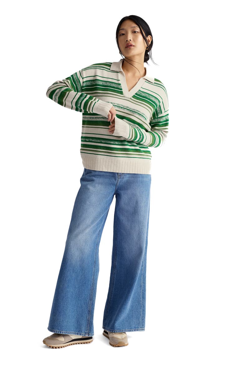 Seasalt Cornwall Bird Flight Stripe Organic Cotton Johnny Collar Sweater, Alternate, color, Corula Chalk Bright Green