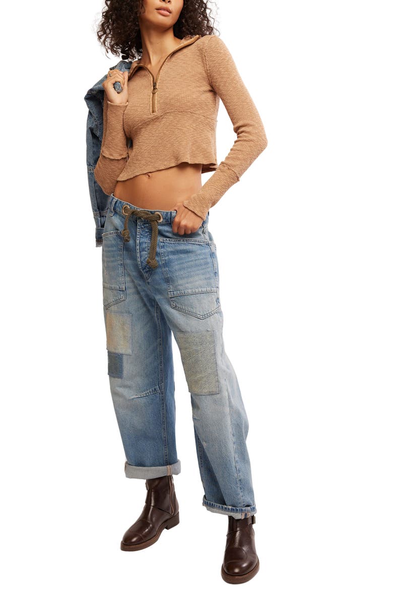 Free People Midnight Stretch Cotton Half Zip Crop Top, Alternate, color, Tobacco