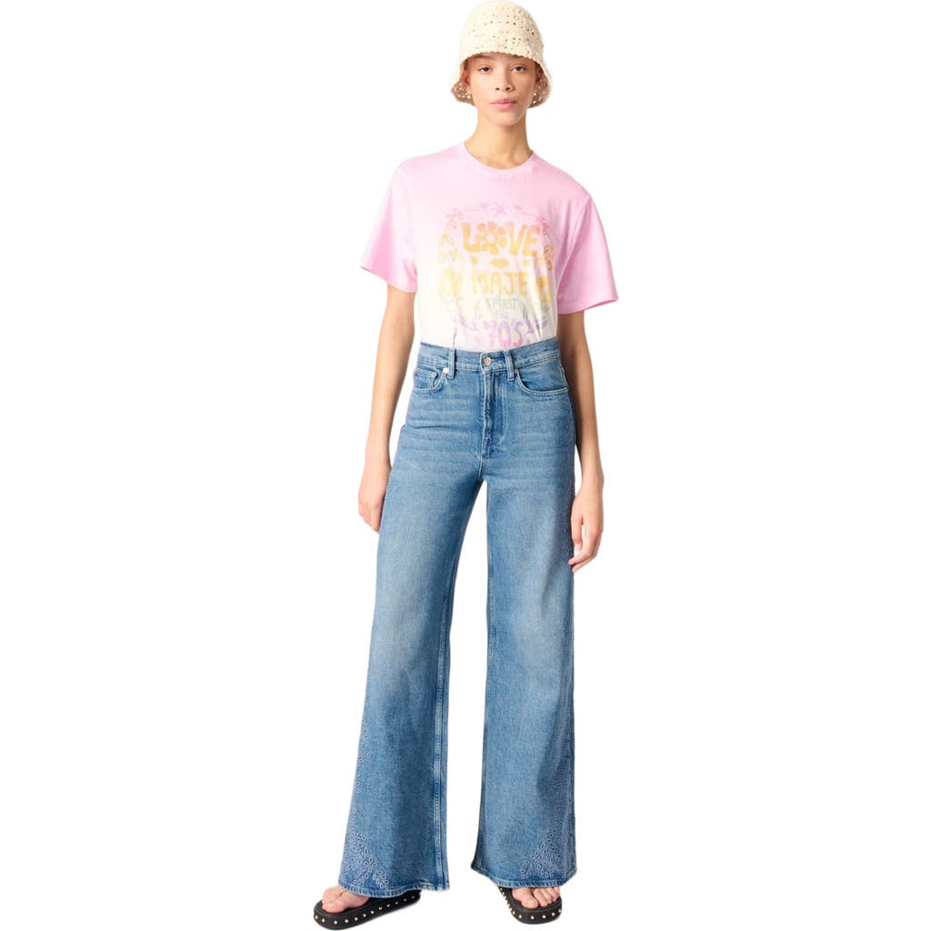 Maje Womens Bleus Leaf-embroidered Wide-leg Stretch-denim Jeans In Blue