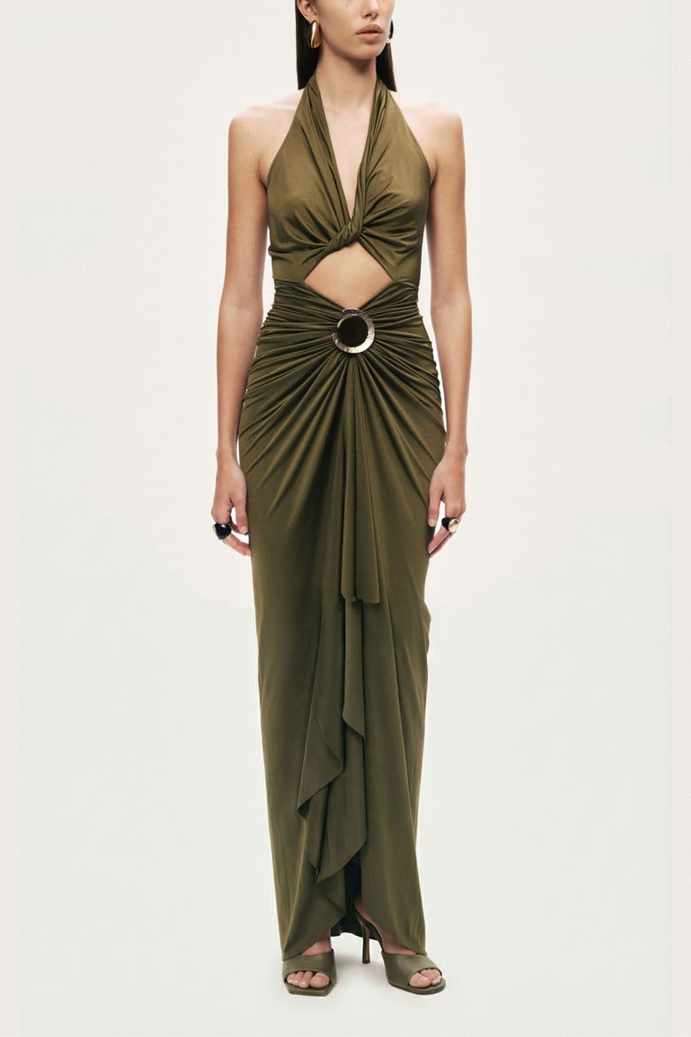 Cut-Out Halter Maxi Dress, Main, color, Olive Green