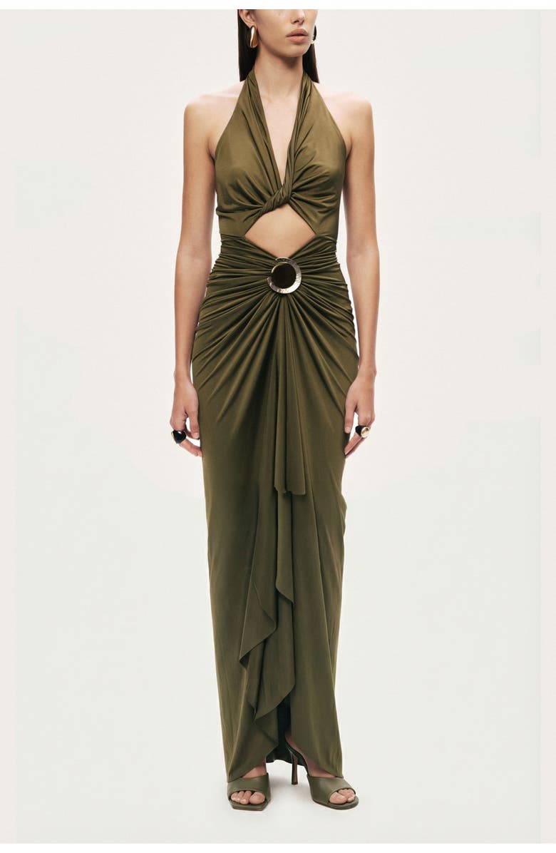 Nocturne Cut-Out Halter Maxi Dress, Main, color, Olive Green