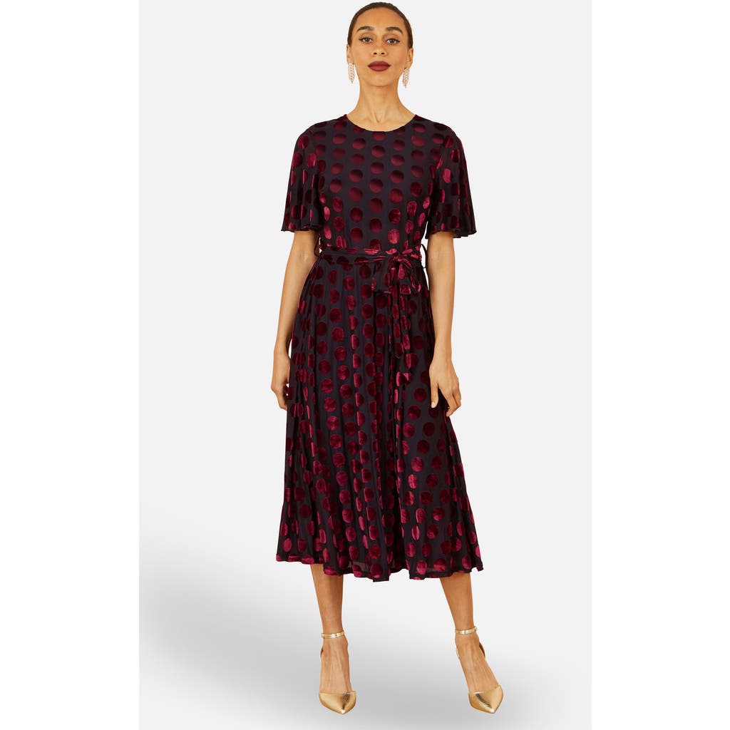 Yumi Velour Spot Midi Skater Dress In Burgundy